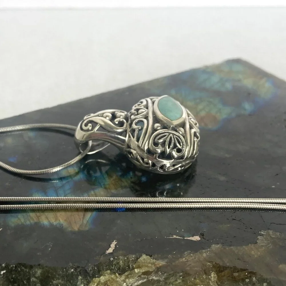 Sterling Silver 925 Chunky Bali Style Scrollwork Turquoise Pendant Necklace 18